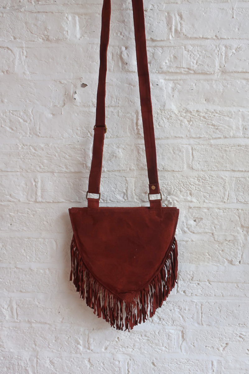 Zelda Embroidered Suede Saddle Bag in Cocoa & Sapphire Autumn Leaf