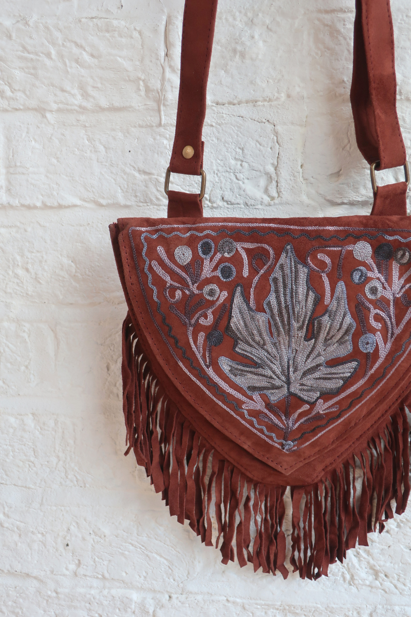 Zelda Embroidered Suede Saddle Bag in Cocoa & Sapphire Autumn Leaf