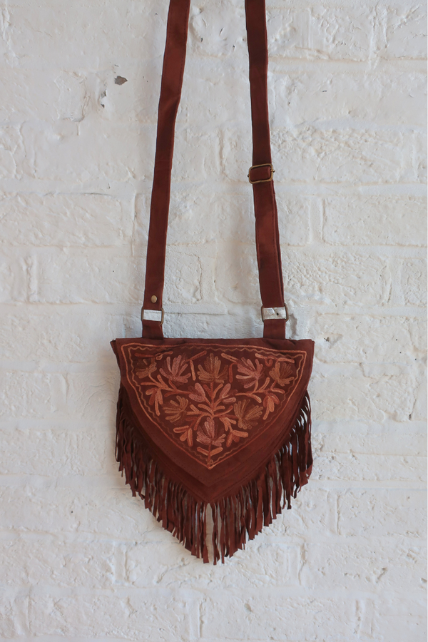 Zelda Embroidered Suede Saddle Bag in Cocoa & Hazelnut Ivy