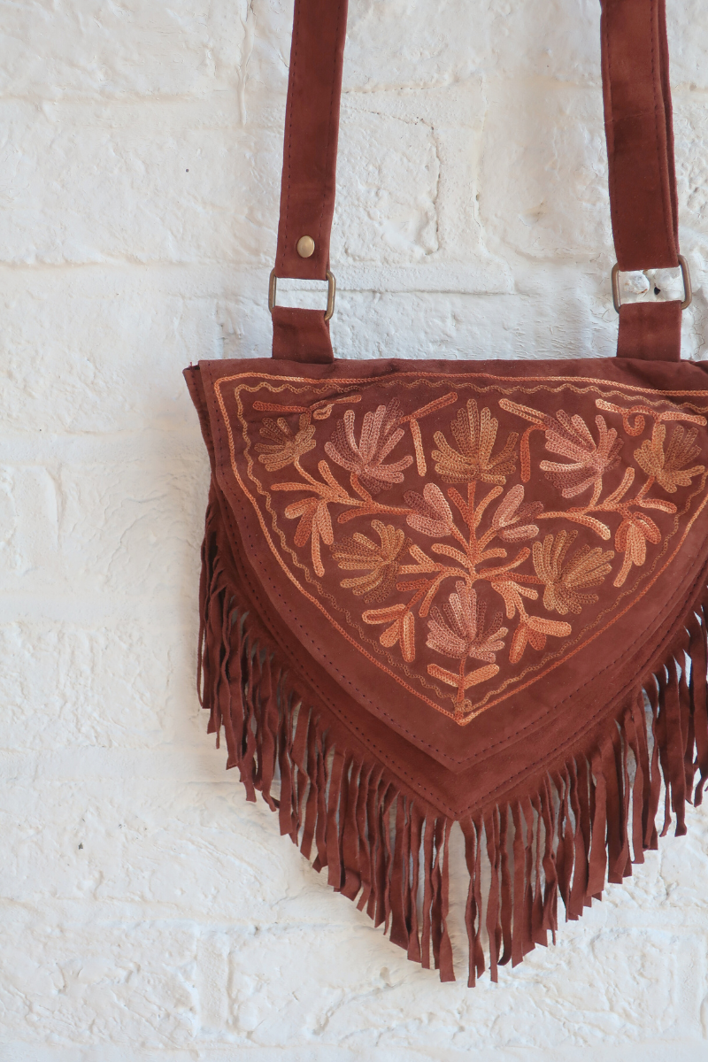 Zelda Embroidered Suede Saddle Bag in Cocoa & Hazelnut Ivy