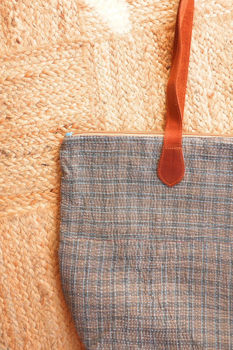 Vintage Kantha Leather Strap Tote Bag in Cedar Brown Plaid by All About Audrey