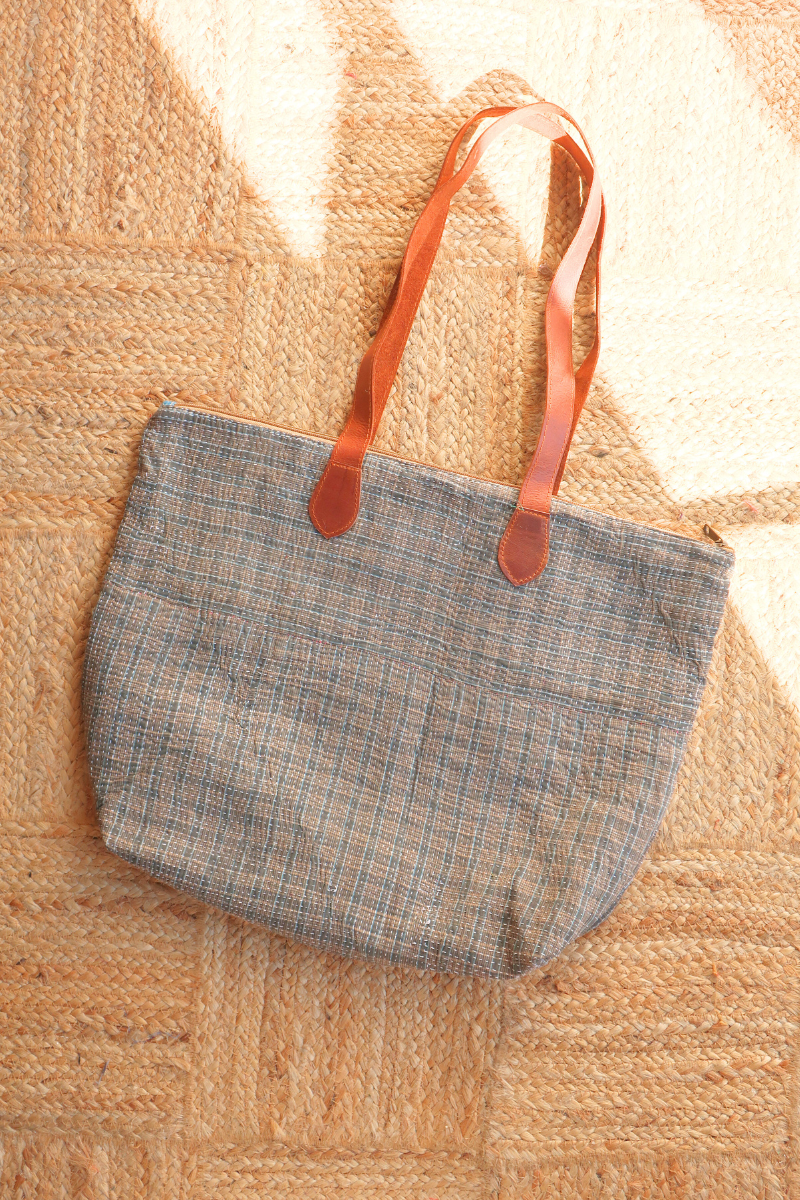 Vintage Kantha Leather Strap Tote Bag in Cedar Brown Plaid by All About Audrey