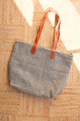 Vintage Kantha Leather Strap Tote Bag in Cedar Brown Plaid by All About Audrey