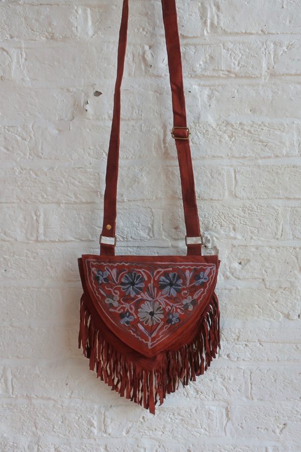 Zelda Embroidered Suede Saddle Bag in Cocoa & Jean Blue Florals