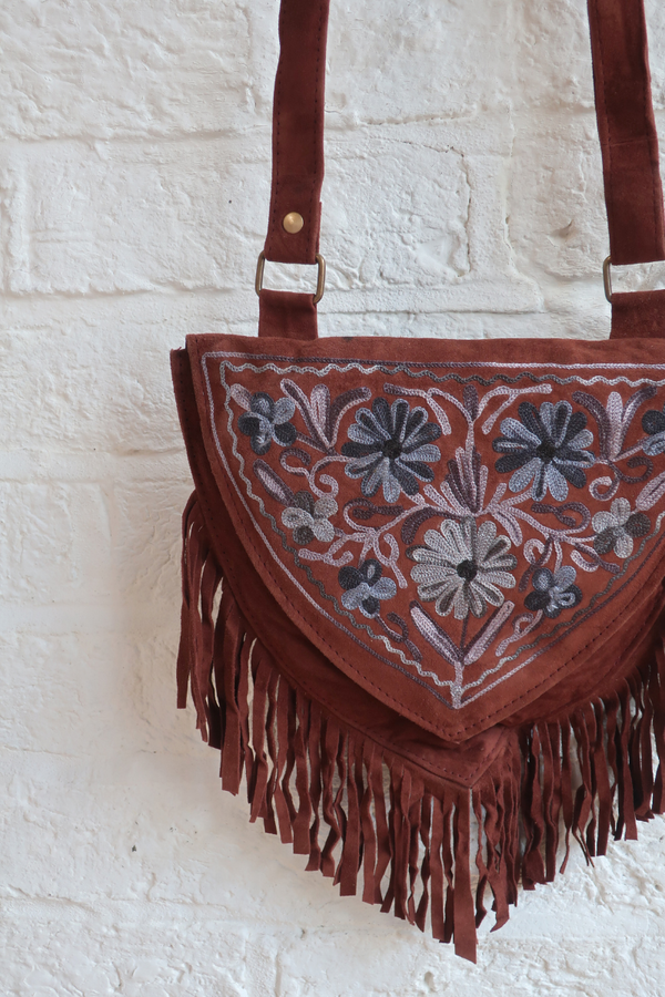 Zelda Embroidered Suede Saddle Bag in Cocoa & Jean Blue Florals