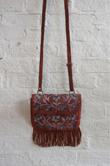 Zelda Embroidered Suede Saddle Bag in Cocoa & Indigo Flowers