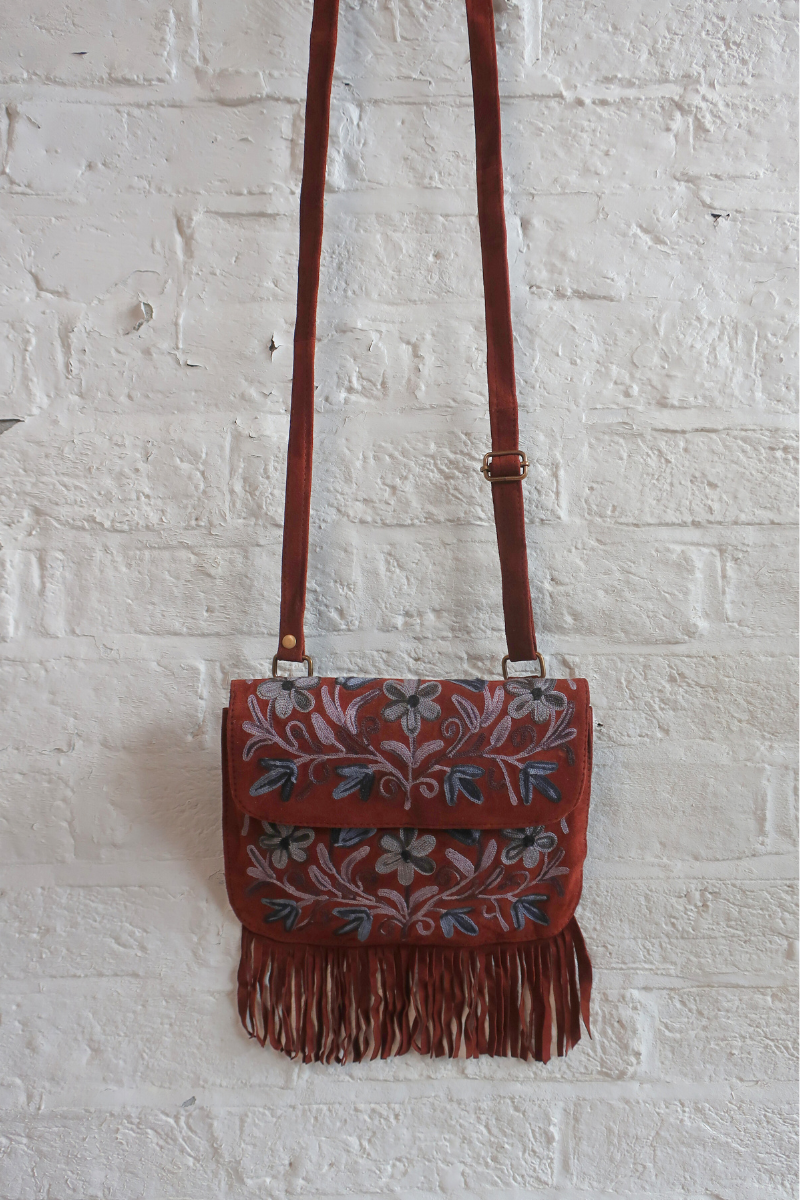 Zelda Embroidered Suede Saddle Bag in Cocoa & Indigo Flowers