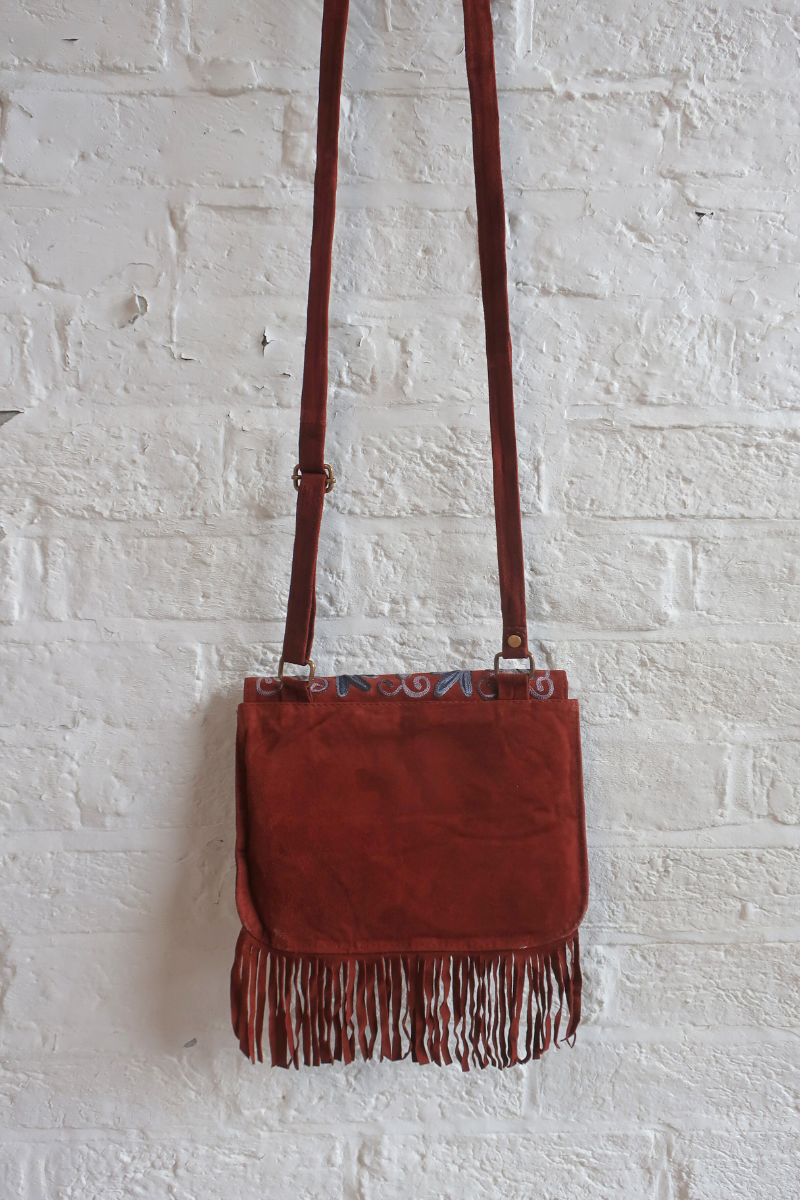 Zelda Embroidered Suede Saddle Bag in Cocoa & Indigo Flowers