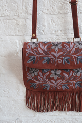Zelda Embroidered Suede Saddle Bag in Cocoa & Indigo Flowers