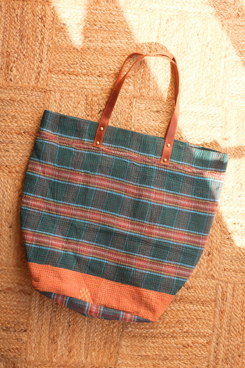 Vintage Kantha Large Shopper Bag in Dark Teal Brown Stripe by All About Audrey