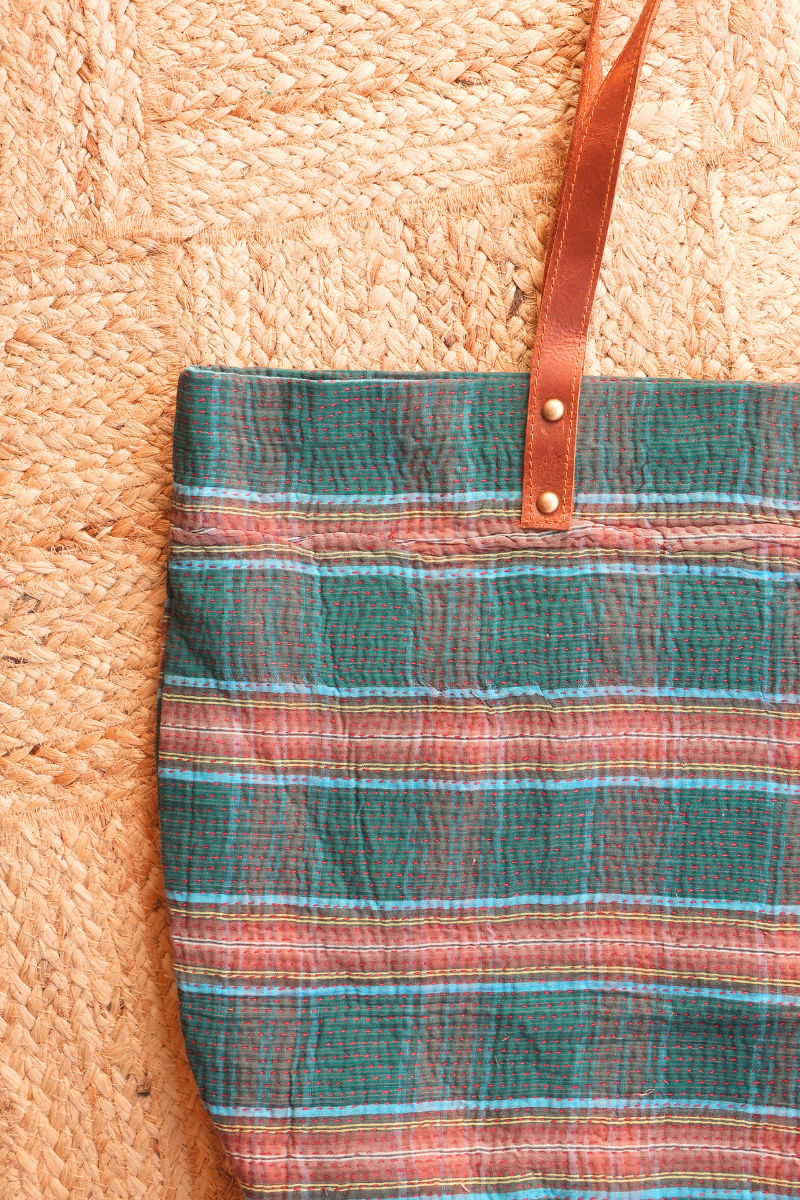 Vintage Kantha Large Shopper Bag in Dark Teal Brown Stripe by All About Audrey