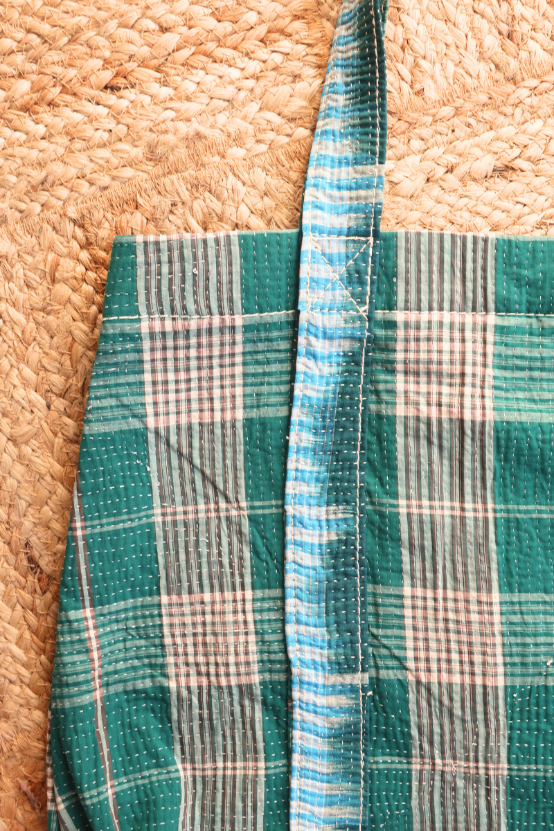 Vintage Kantha Tote Bag in Dark Jade Check by All About Audrey