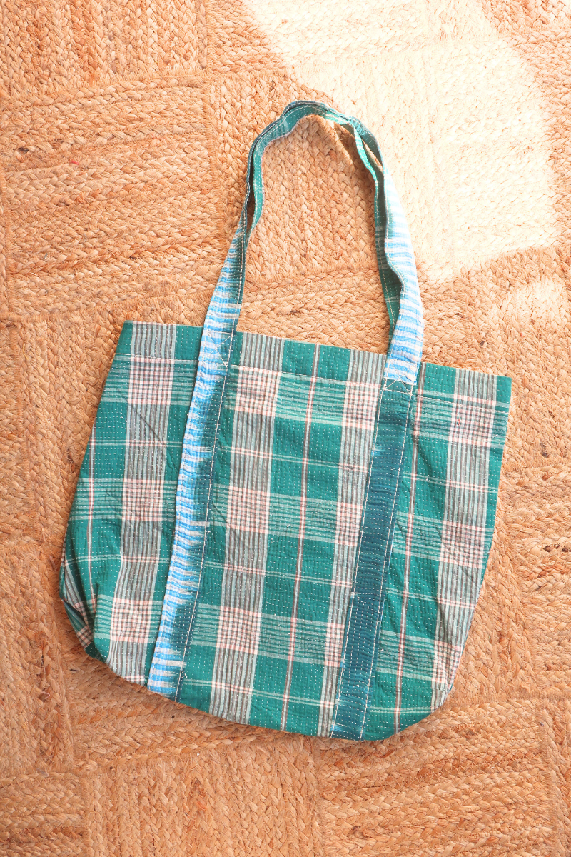 Vintage Kantha Tote Bag in Dark Jade Check by All About Audrey