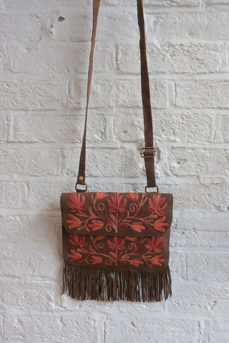 Zelda Embroidered Suede Saddle Bag in Khaki & Auburn Vines