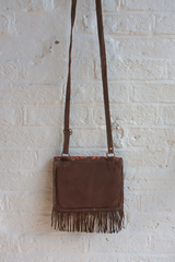 Zelda Embroidered Suede Saddle Bag in Khaki & Auburn Vines