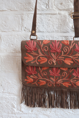 Zelda Embroidered Suede Saddle Bag in Khaki & Auburn Vines