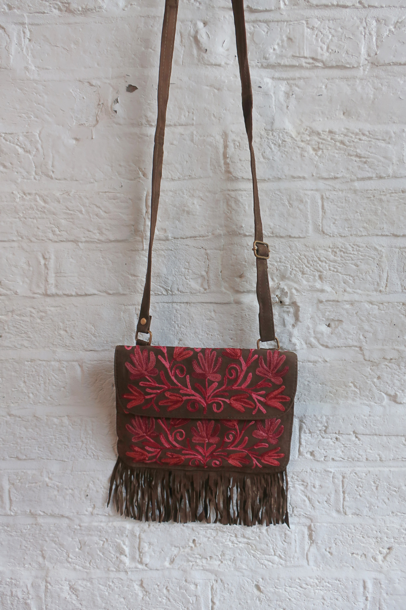 Zelda Embroidered Suede Saddle Bag in Khaki & Sangria Vines