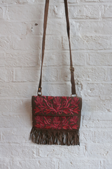 Zelda Embroidered Suede Saddle Bag in Khaki & Sangria Vines