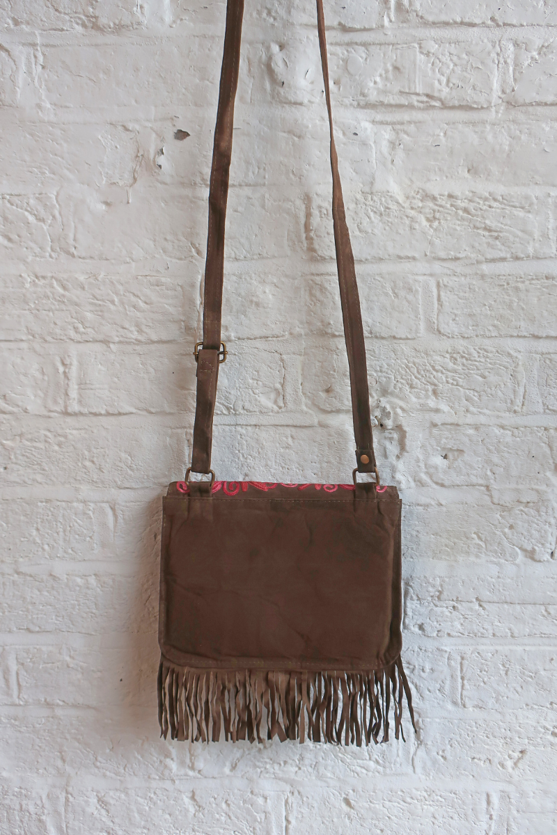 Zelda Embroidered Suede Saddle Bag in Khaki & Sangria Vines