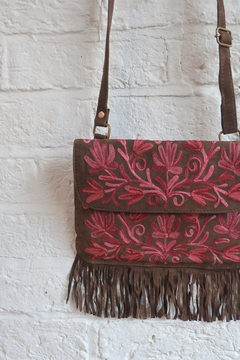 Zelda Embroidered Suede Saddle Bag in Khaki & Sangria Vines
