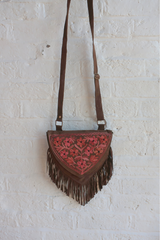 Zelda Embroidered Suede Saddle Bag in Khaki & Magenta Daisies