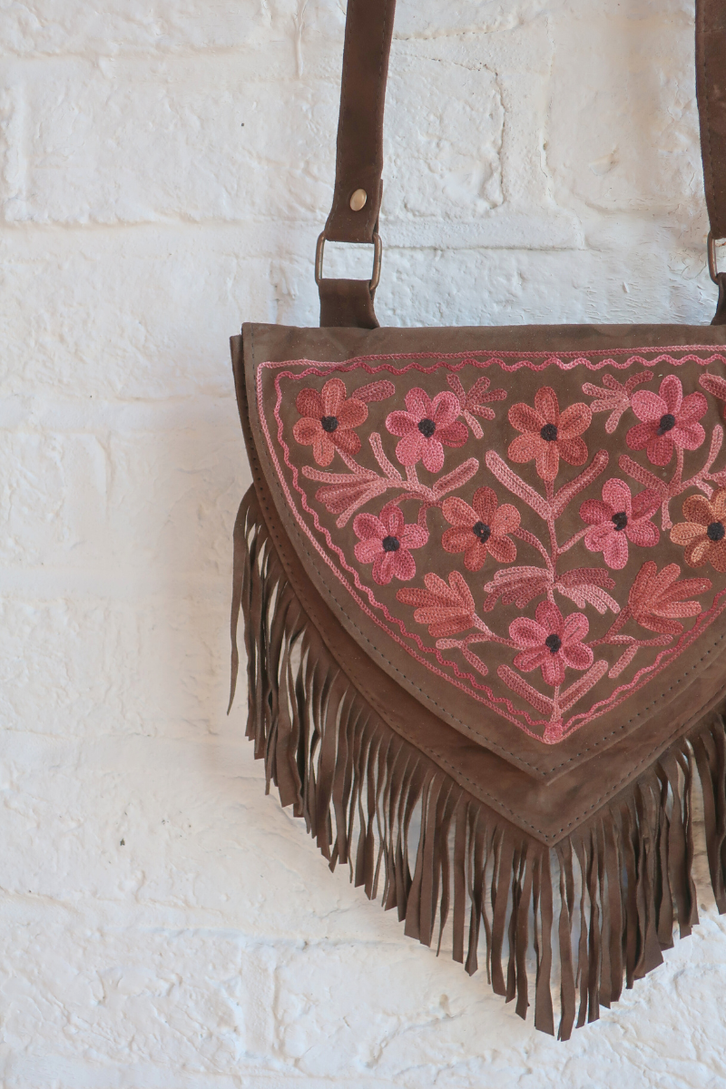 Zelda Embroidered Suede Saddle Bag in Khaki & Magenta Daisies