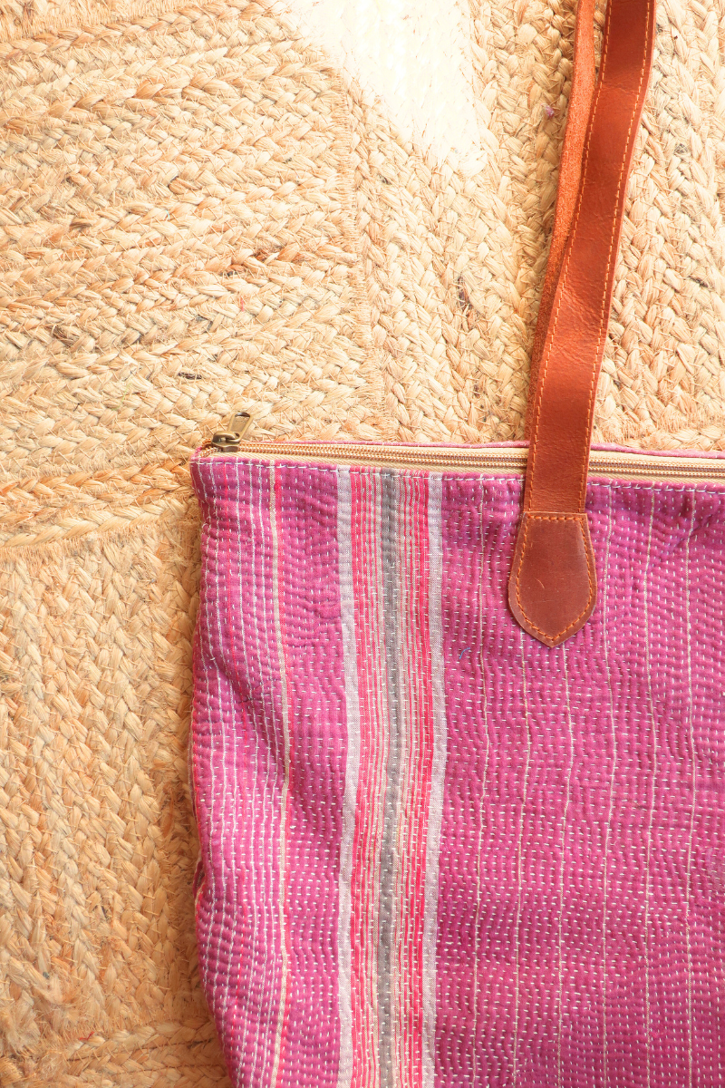 Vintage Kantha Leather Strap Tote Bag in Plum Purple Stripe by All About Audrey