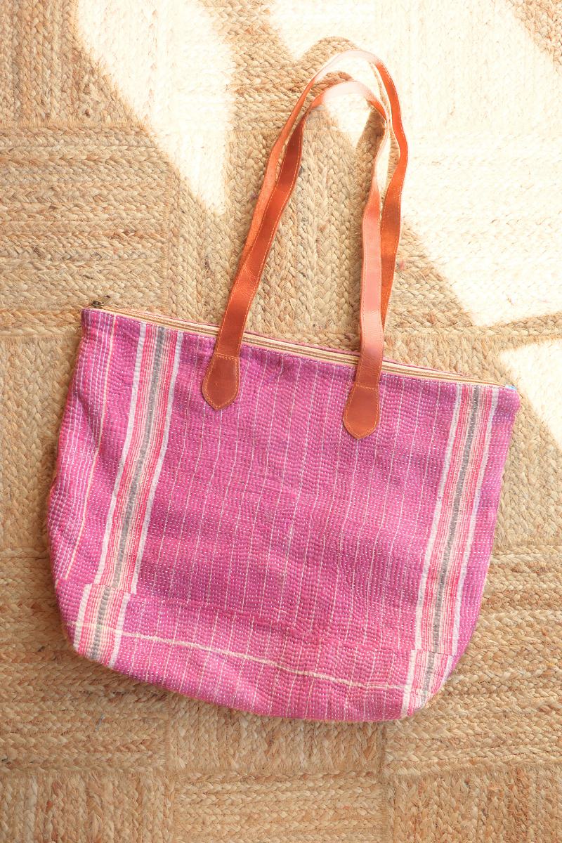 Vintage Kantha Leather Strap Tote Bag in Plum Purple Stripe by All About Audrey