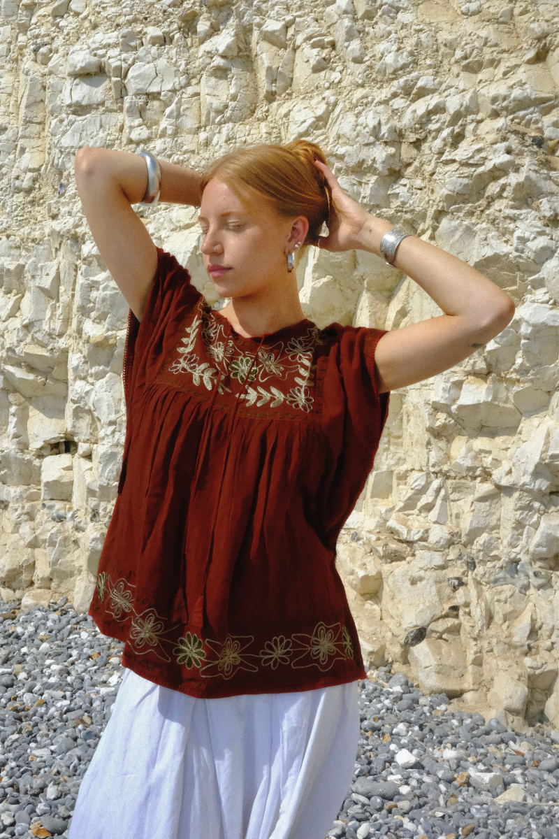 Embroidered Tunic Smock Top in Earth Red - Free Size