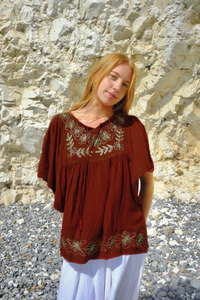 Embroidered Tunic Smock Top in Earth Red - Free Size