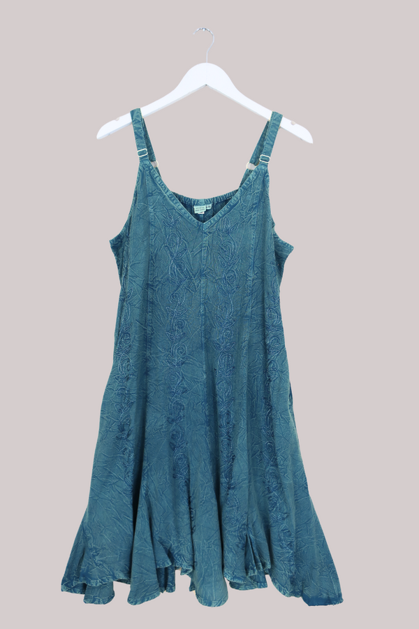 Indian Embroidered Mini Slip Dress in Calypso Blue by All About Audrey