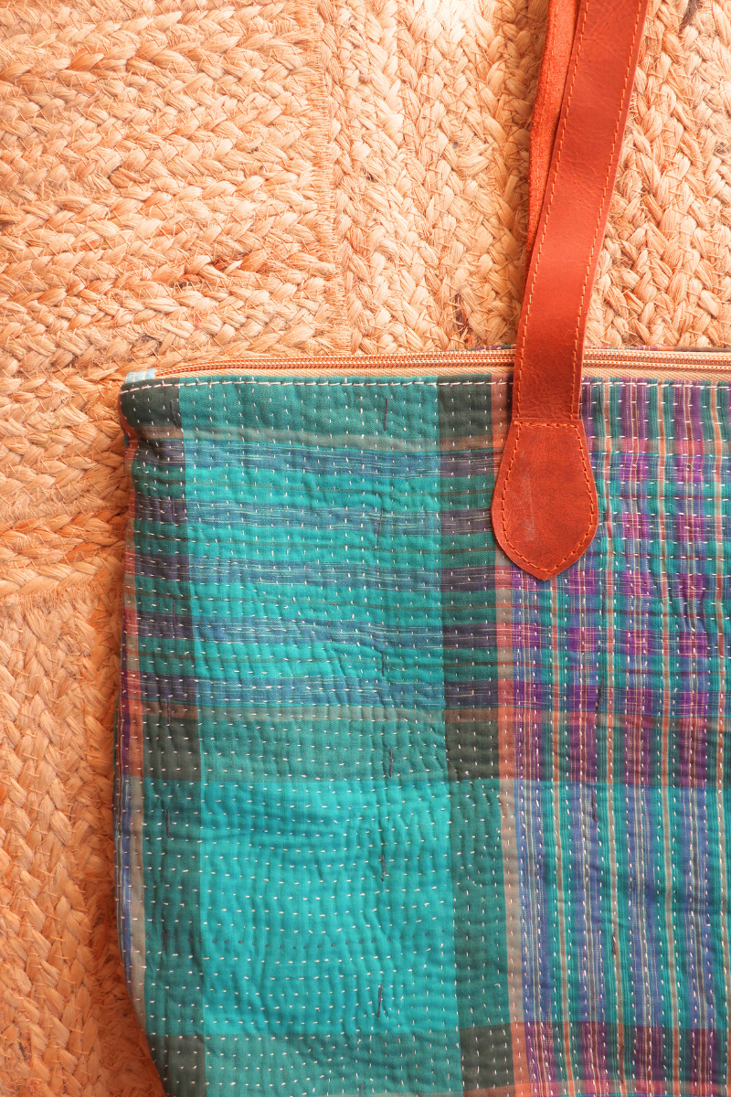 Vintage Kantha Leather Strap Tote Bag in Dark Turquoise Purple Tartan by All About Audrey