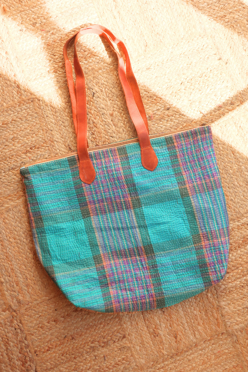 Vintage Kantha Leather Strap Tote Bag in Dark Turquoise Purple Tartan by All About Audrey