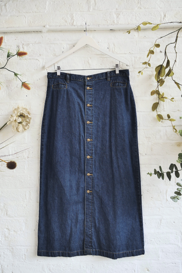 Vintage Denim Skirt - Deep Blue A-Line Maxi - Size W34