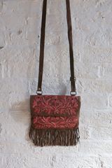 Zelda Embroidered Suede Saddle Bag in Khaki & Thistle Flowers