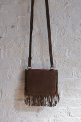 Zelda Embroidered Suede Saddle Bag in Khaki & Thistle Flowers