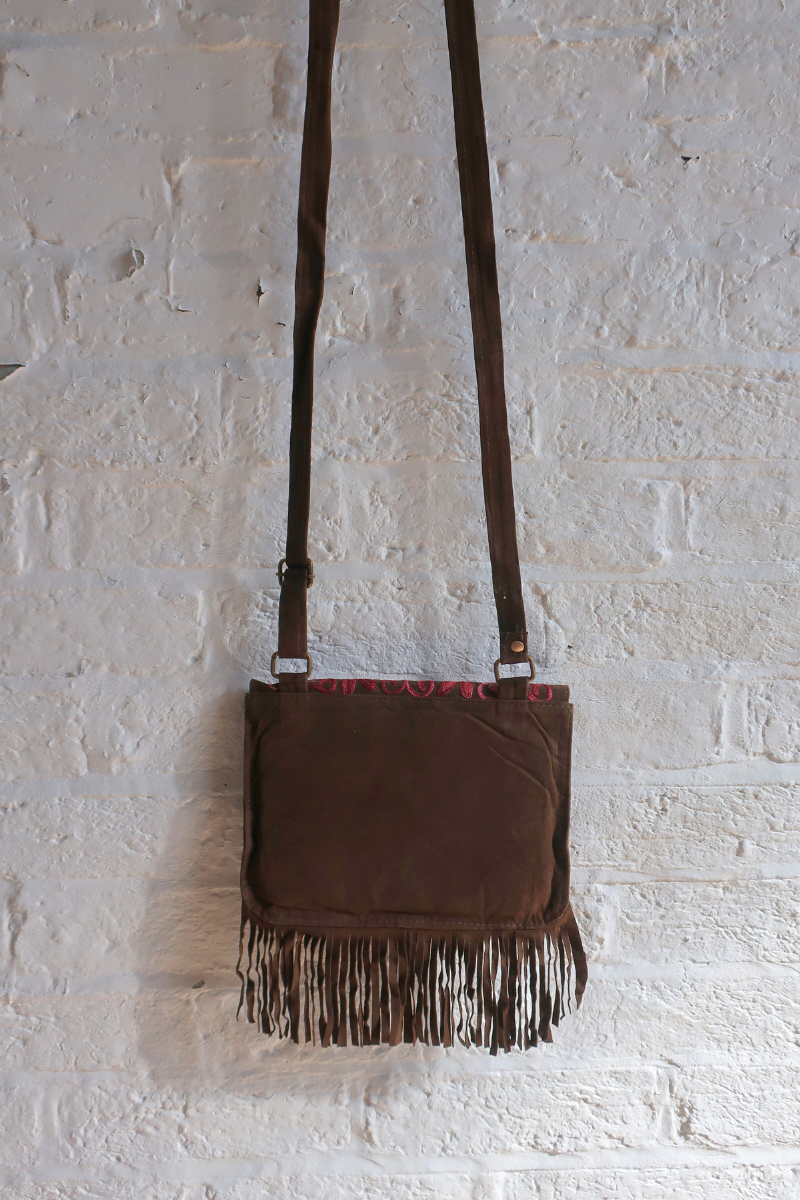 Zelda Embroidered Suede Saddle Bag in Khaki & Thistle Flowers