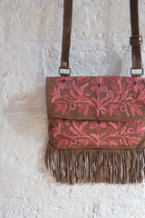 Zelda Embroidered Suede Saddle Bag in Khaki & Thistle Flowers