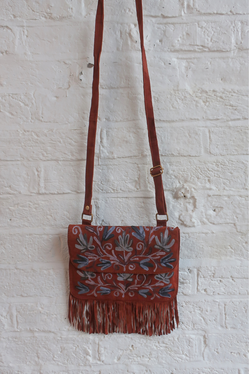 Zelda Embroidered Suede Saddle Bag in Cocoa & Cornflower Vines