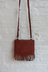 Zelda Embroidered Suede Saddle Bag in Cocoa & Cornflower Vines