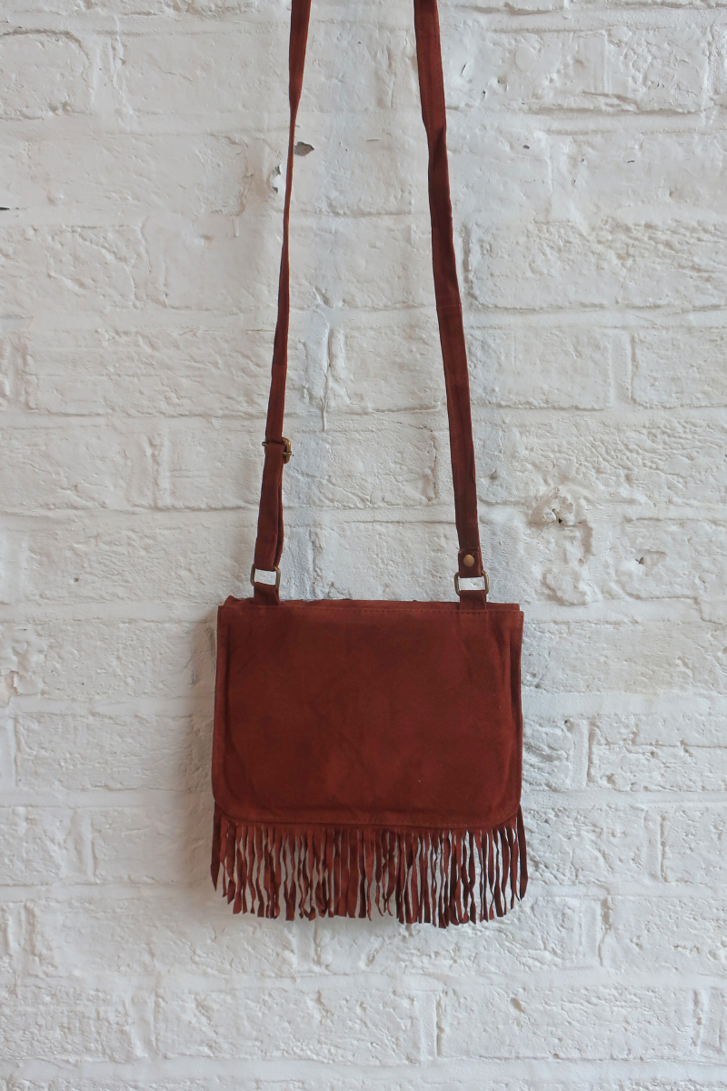 Zelda Embroidered Suede Saddle Bag in Cocoa & Cornflower Vines