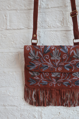 Zelda Embroidered Suede Saddle Bag in Cocoa & Cornflower Vines