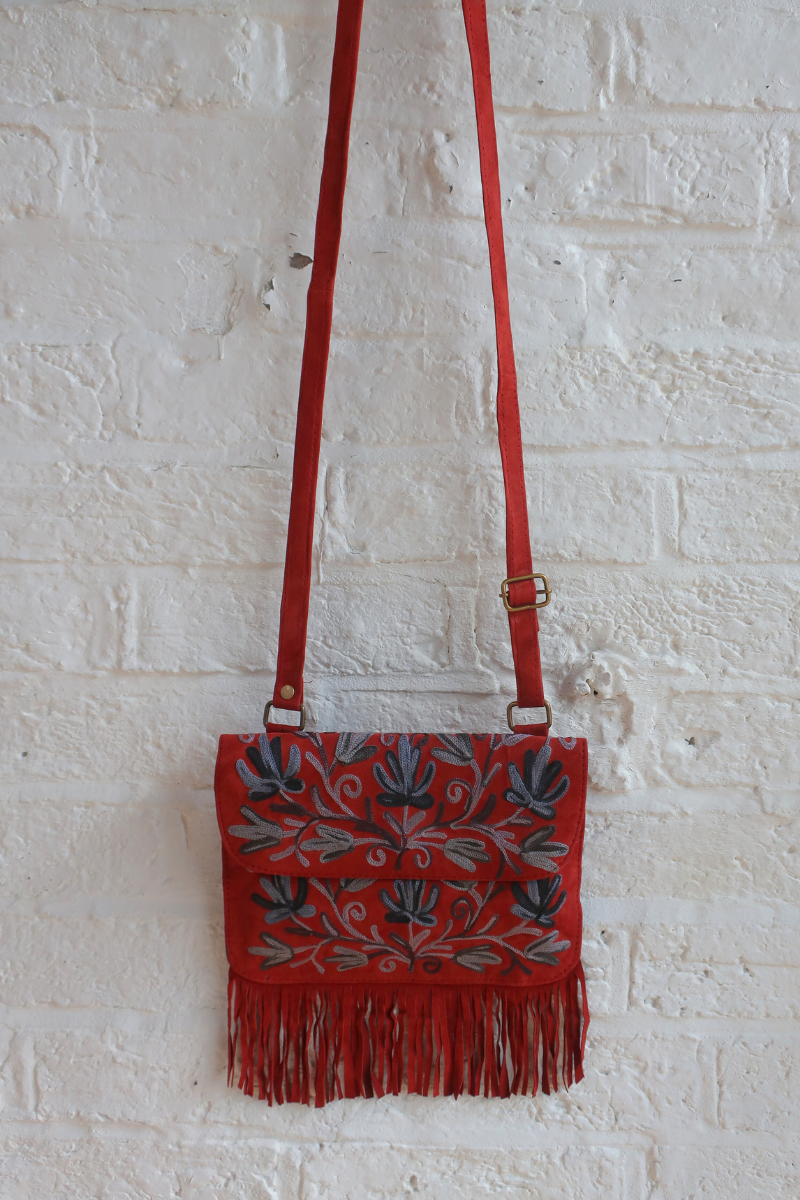 Zelda Embroidered Suede Saddle Bag in Garnet & Aegean Vines