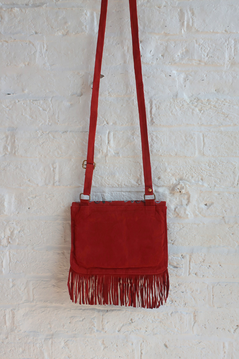 Zelda Embroidered Suede Saddle Bag in Garnet & Aegean Vines