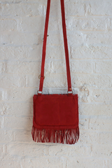 Zelda Embroidered Suede Saddle Bag in Garnet & Aegean Vines
