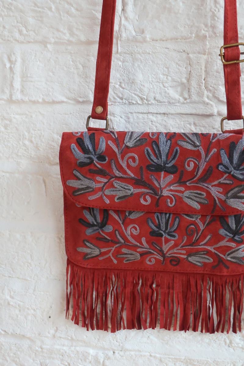 Zelda Embroidered Suede Saddle Bag in Garnet & Aegean Vines