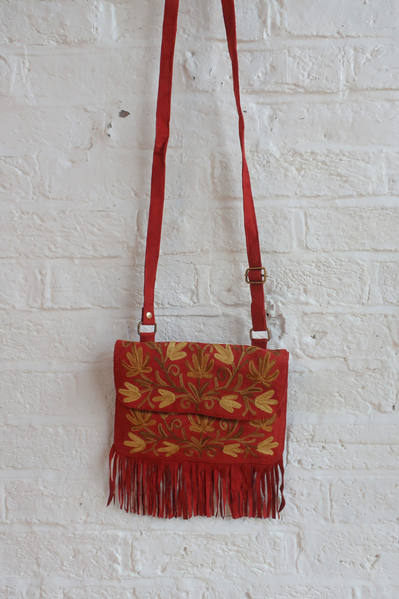 Zelda Embroidered Suede Saddle Bag in Garnet & Birch Vines