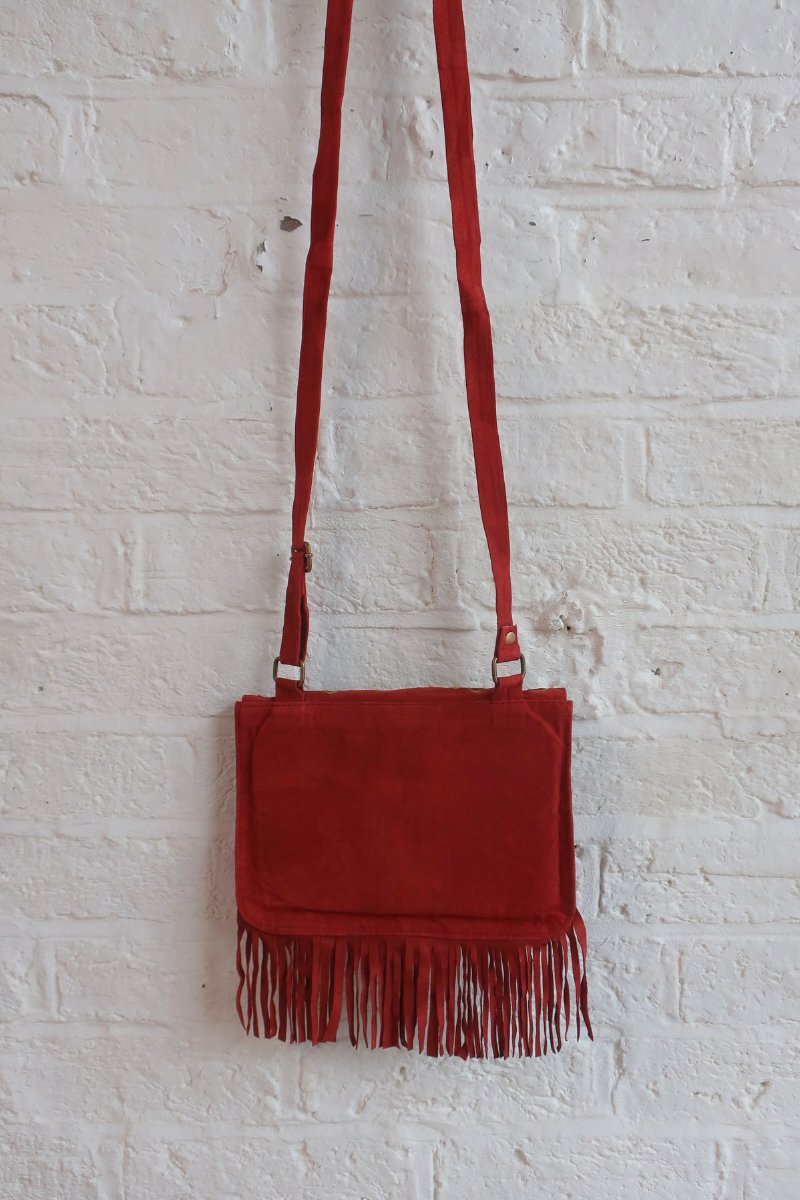 Zelda Embroidered Suede Saddle Bag in Garnet & Birch Vines