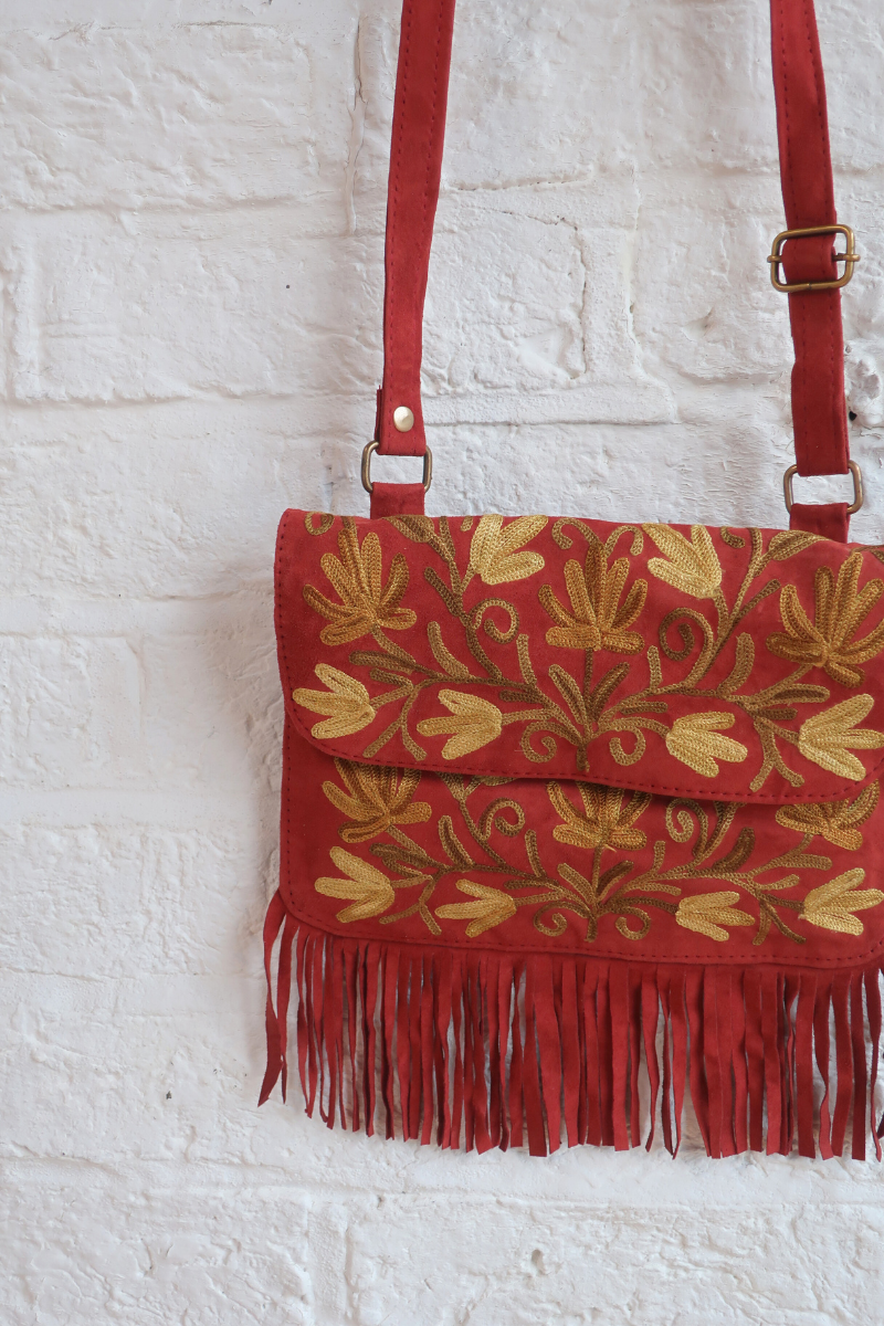 Zelda Embroidered Suede Saddle Bag in Garnet & Birch Vines