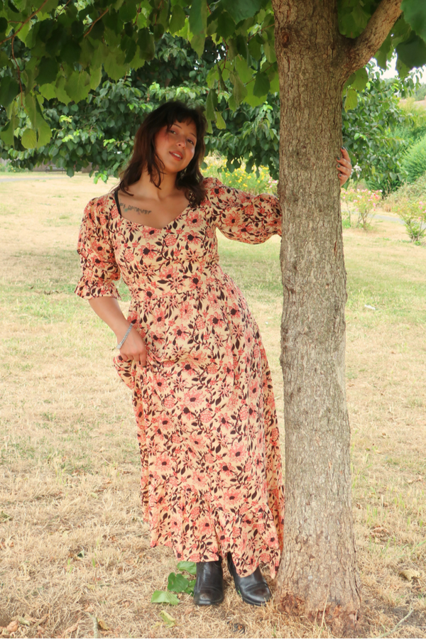Carmen Maxi Dress in Dusky Vintage Sunflowers